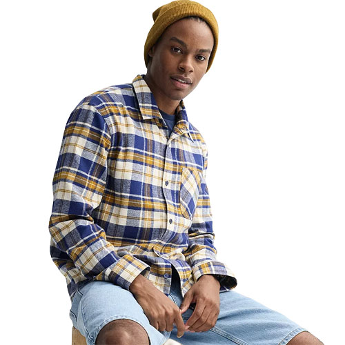 A person wearing a blue, white, and yellow plaid flannel shirt paired with denim shorts and a mustard yellow beanie.