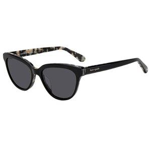 Kate Spade polarized sunglasses featuring black frames with a subtle tortoiseshell pattern on the arms. The lenses are dark, providing sun protection with a stylish cat-eye shape.