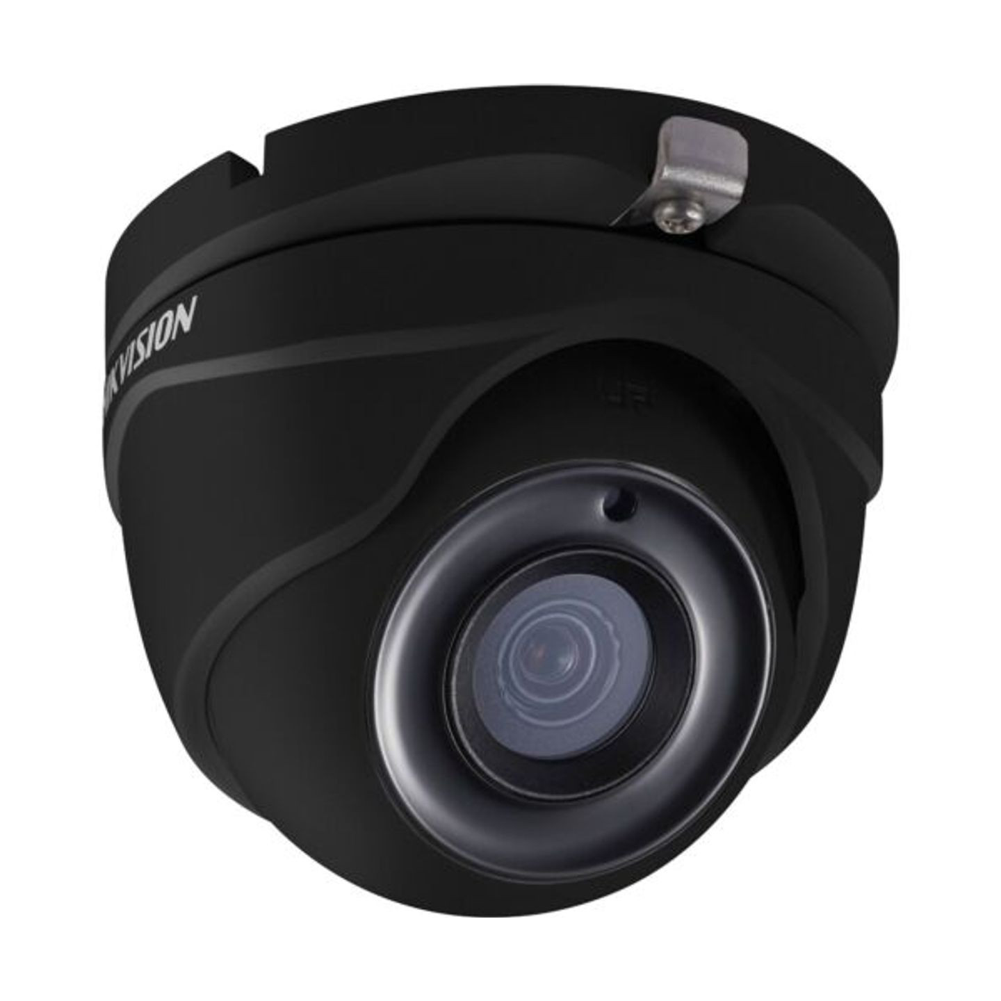 A black dome security camera, suitable for surveillance, with a prominent lens and a metallic hinge on top.
