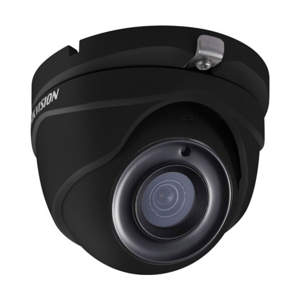A black dome security camera, suitable for surveillance, with a prominent lens and a metallic hinge on top.