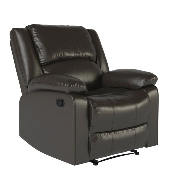 A black faux-leather recliner featuring plush cushioning, thick armrests, and a side lever for reclining. It has a modern design with a sturdy base, suitable for comfortable seating and relaxation.
