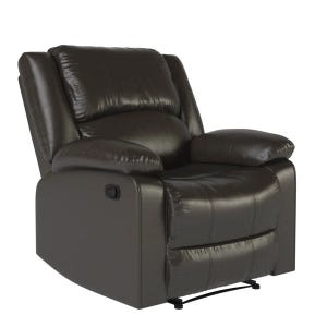 A black faux-leather recliner featuring plush cushioning, thick armrests, and a side lever for reclining. It has a modern design with a sturdy base, suitable for comfortable seating and relaxation.