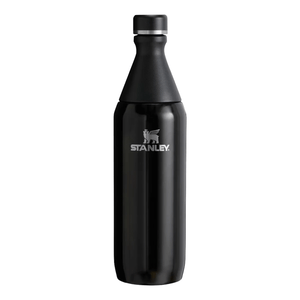 A black Stanley water bottle with a silver logo, featuring a tapered neck and removable cap.