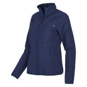 A navy blue women's zip-up jacket with a high collar and subtle texture.