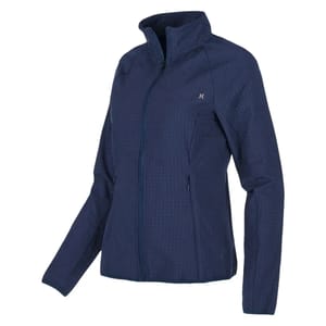 A navy blue women's zip-up jacket with a high collar and subtle texture.