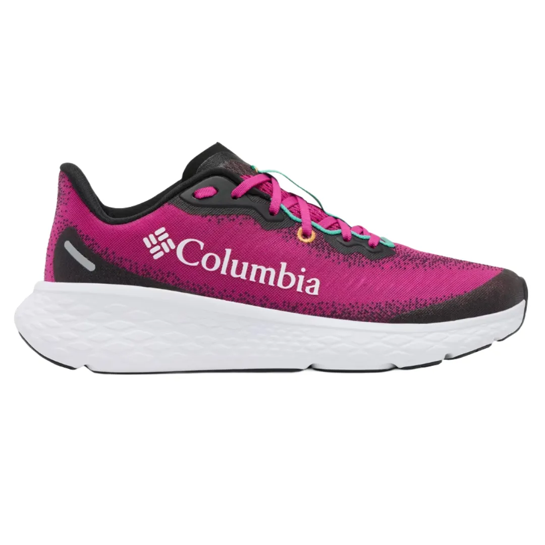 Bright magenta athletic shoe with a white sole and Columbia logo. Features include black accents and turquoise laces.