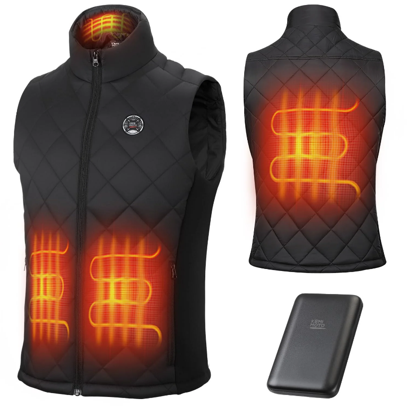 A heated vest with visible heating areas on the front and back, shown alongside a detachable battery pack.