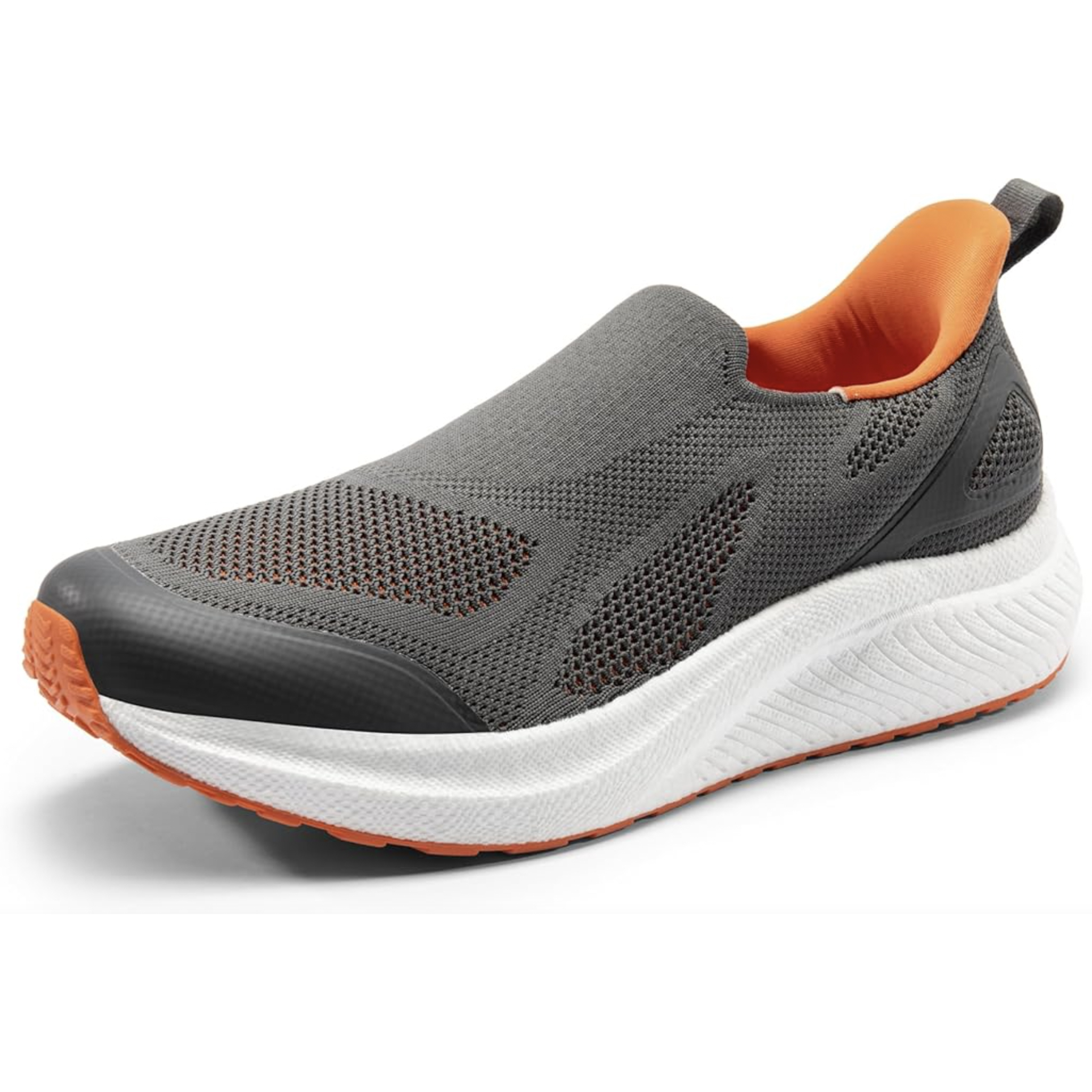 Men's slip-on sneakers with a grey mesh upper, orange interior, and a white textured sole. Rubber outsole with an orange tread for grip. Lightweight and breathable design.