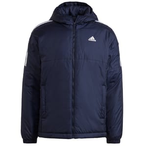 A navy blue Adidas hooded jacket featuring the brand's logo on the chest and signature three white stripes on the shoulders and sleeves.