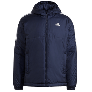 A navy blue Adidas hooded jacket featuring the brand's logo on the chest and signature three white stripes on the shoulders and sleeves.