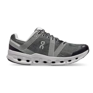 The On Running Cloudgo Shoes feature a lace-up design with a black and white upper and a distinctive white sole with separate cushion pods.