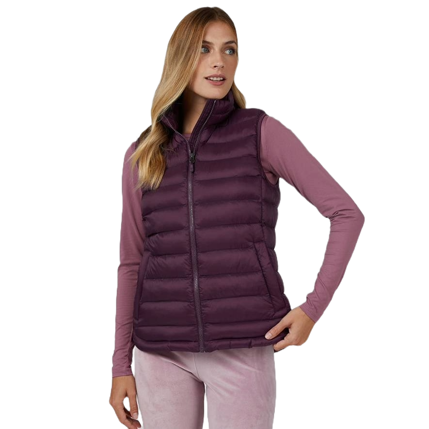 A woman models a sleeveless plum-colored puffer vest over a long-sleeve shirt, with a high collar and front zipper.