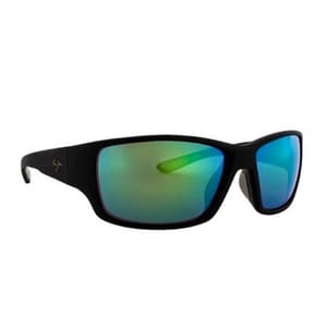 Black sunglasses with blue-green mirrored lenses, featuring a logo on the temple.