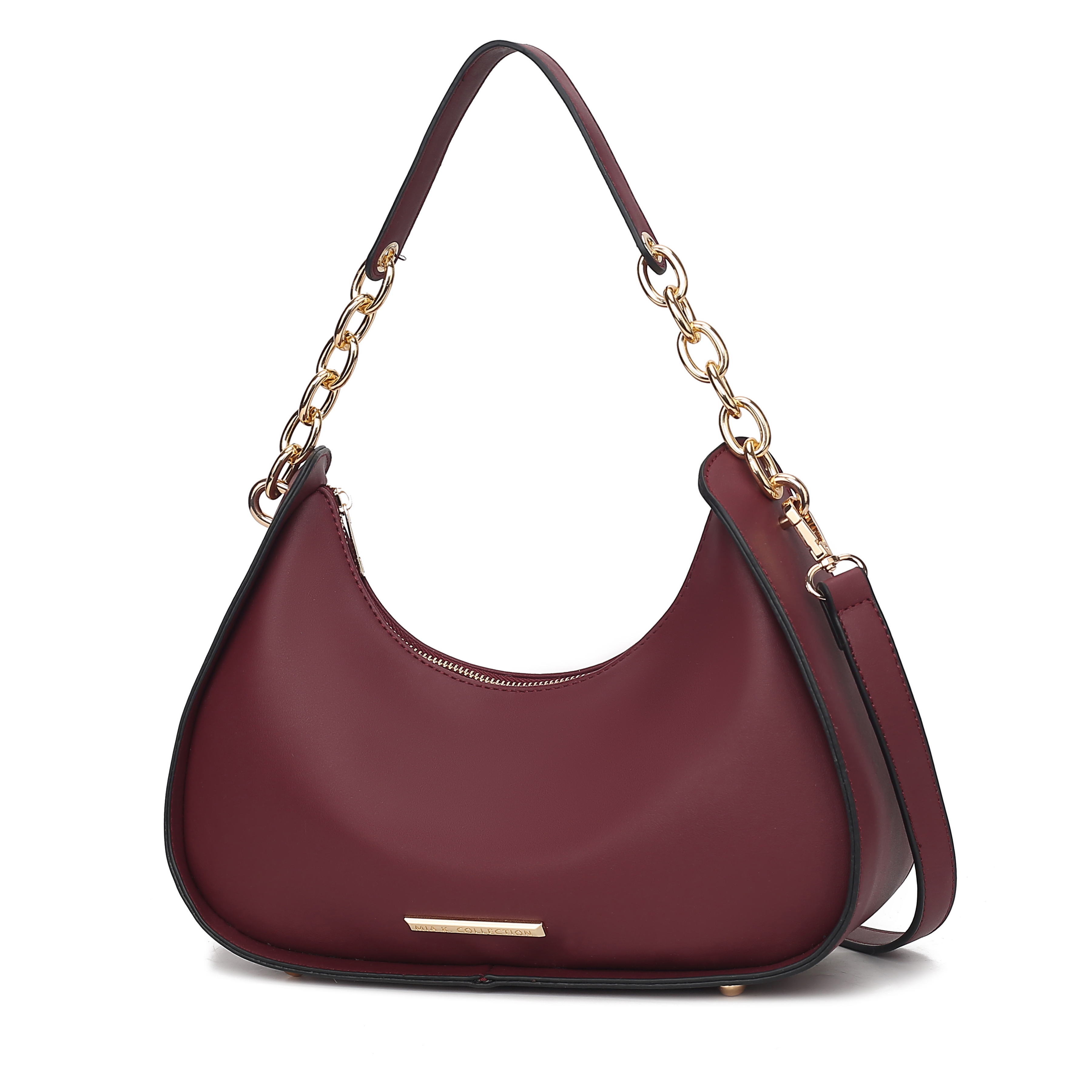 Maroon shoulder bag with gold chain accents and a curved shape, featuring a zip closure and an adjustable strap.