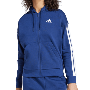 Blue zip-up hoodie with white stripes on the sleeves, featuring a front pocket and a small logo on the chest.
