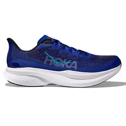 Blue running shoe with \“HOKA\“ branding, featuring a thick white sole for cushioning and a breathable mesh upper.