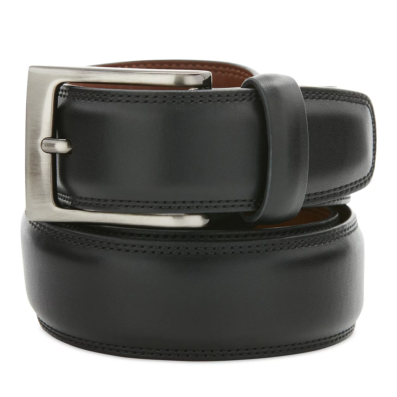 Perry Ellis Portfolio Dress Belts feature a sleek, black leather design with a polished silver-tone buckle, suitable for formal wear.