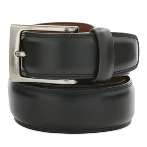 Perry Ellis Portfolio Dress Belts feature a sleek, black leather design with a polished silver-tone buckle, suitable for formal wear.