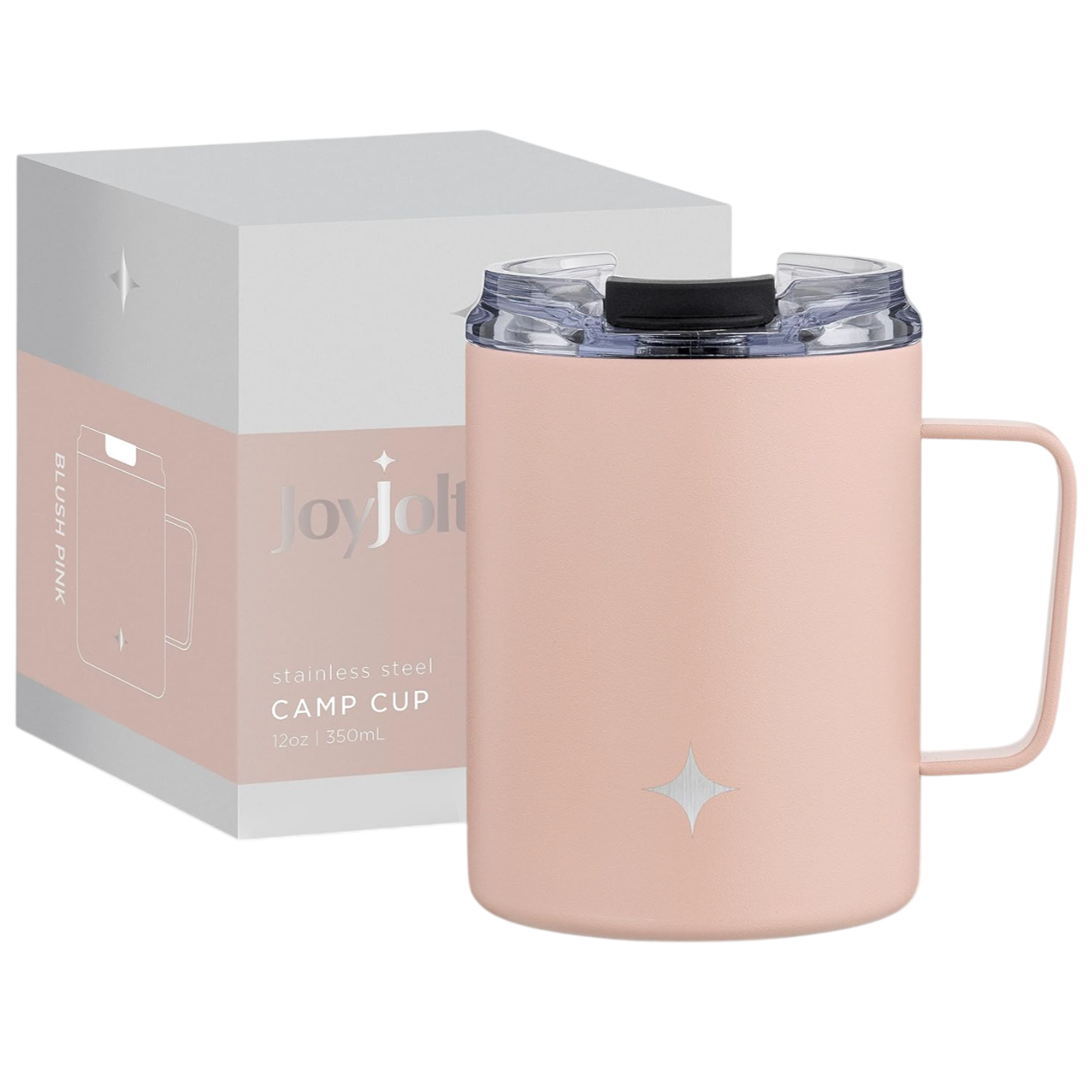 Blush pink stainless steel camp cup with a handle and clear lid, shown with its packaging. Capacity: 12oz / 350ml.
