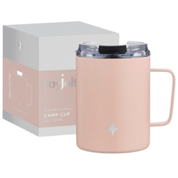 Blush pink stainless steel camp cup with a handle and clear lid, shown with its packaging. Capacity: 12oz / 350ml.