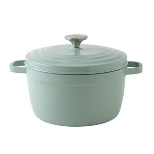 A light green enamel-coated cast iron Dutch oven with a lid and side handles.