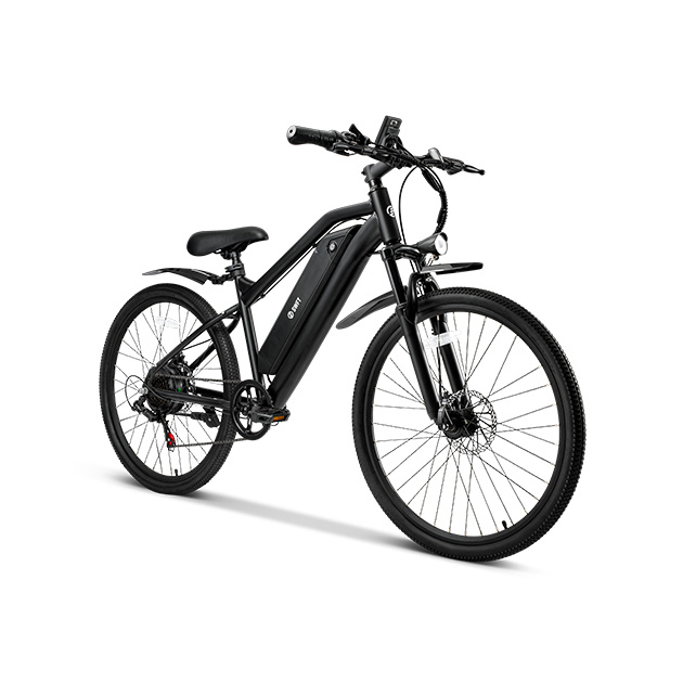 A sleek, black e-bike with a step-through frame, integrated battery, and disc brakes. It has a front suspension fork, an ergonomic seat, and narrower tires designed for urban use.