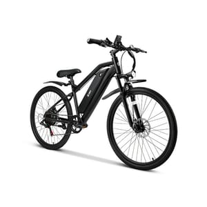 A sleek, black e-bike with a step-through frame, integrated battery, and disc brakes. It has a front suspension fork, an ergonomic seat, and narrower tires designed for urban use.