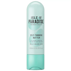 Isle of Paradise Self-Tanning Butter is a vegan-friendly and cruelty-free tanning lotion with color-correcting actives to even skin tone, offering a golden glow. Volume: 200ml (6.76 fl oz).