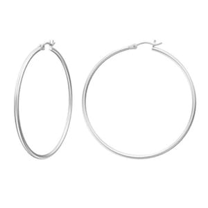 Two hoop earrings of different sizes, both with a silver finish.