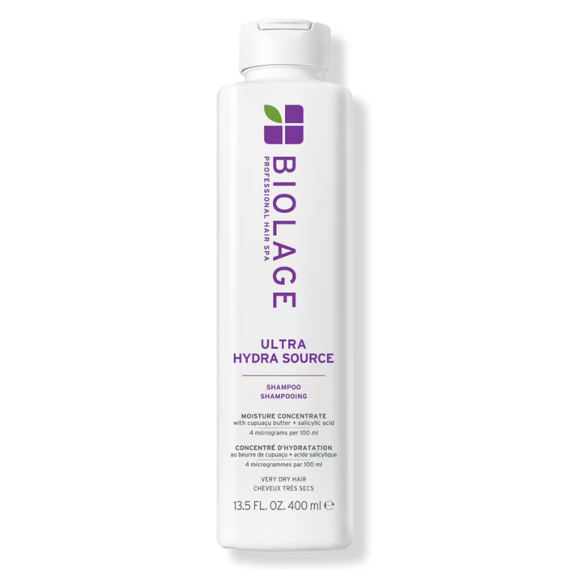 Biolage Ultra Hydra Source Shampoo is designed for very dry hair, featuring a moisture concentrate with cupuaçu butter and salicylic acid. It contains 4 micrograms per 100 ml and comes in a 13.5 fl oz (400 ml) bottle.