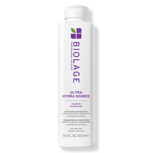 Biolage Ultra Hydra Source Shampoo is designed for very dry hair, featuring a moisture concentrate with cupuaçu butter and salicylic acid. It contains 4 micrograms per 100 ml and comes in a 13.5 fl oz (400 ml) bottle.