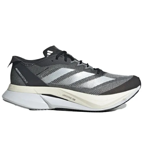 A black and white running shoe with a mesh upper, distinct white stripes, and a thick, cushioned sole designed for maximum comfort and performance.