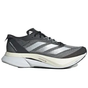A black and white running shoe with a mesh upper, distinct white stripes, and a thick, cushioned sole designed for maximum comfort and performance.