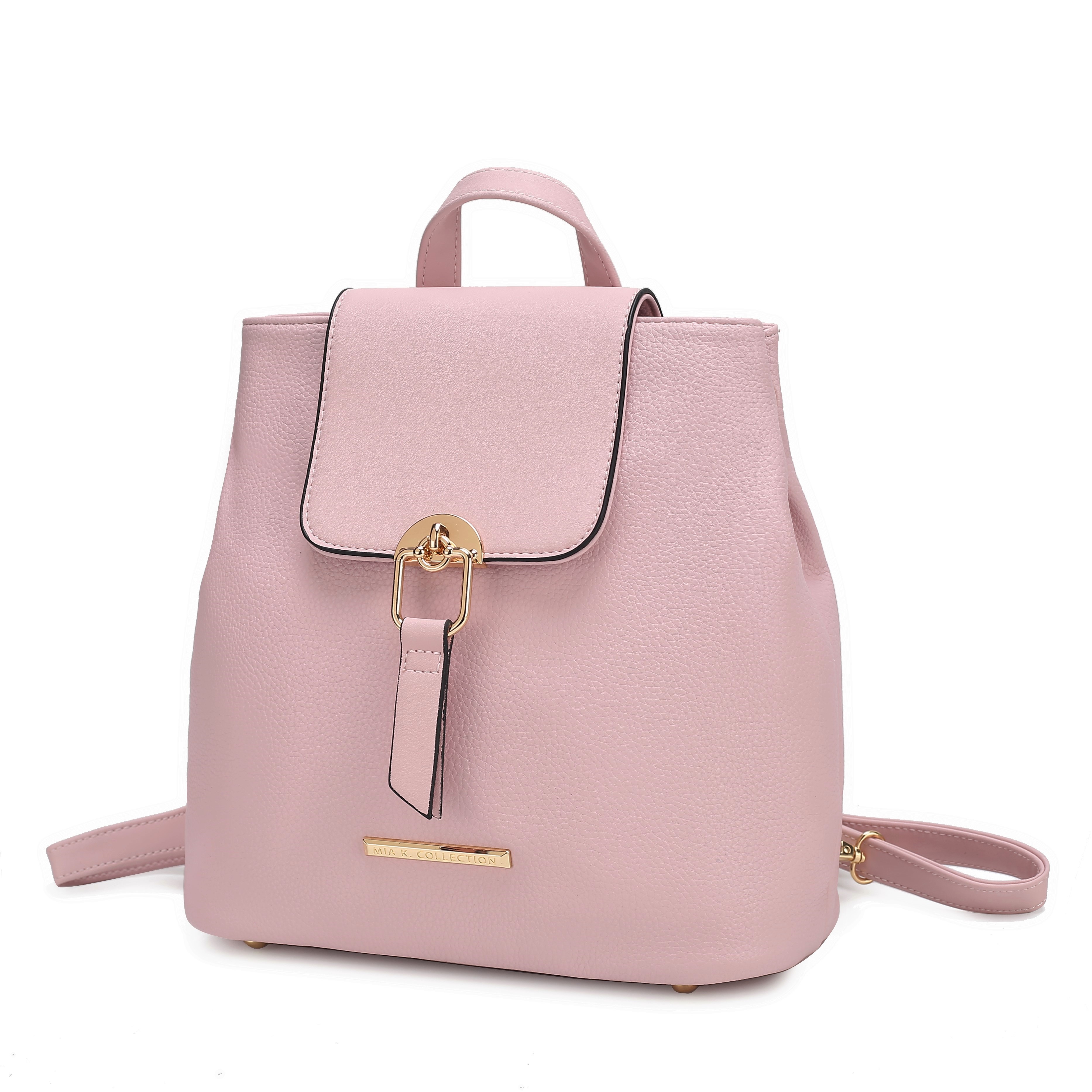 A pink MKF Collection convertible backpack with a flap closure, gold-tone buckle, and adjustable straps. It features a clean design with a small gold label at the front bottom.