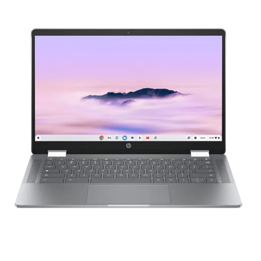 A laptop with a sleek design features a wide screen displaying a serene landscape with clouds and mountains. The keyboard has a modern layout, and the device runs Chrome OS, evident from the visible icons.