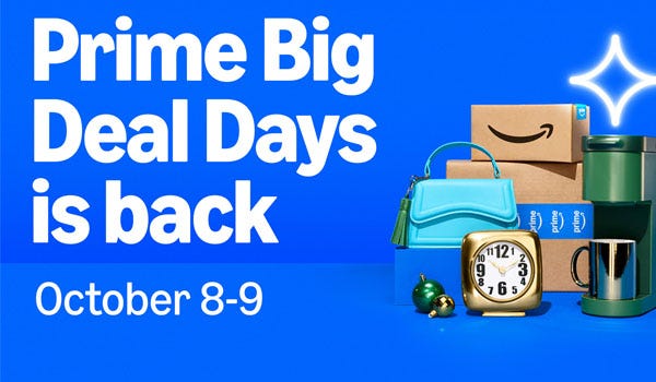 white text on a blue background advertising Amazon's prime big deal days sale beside a collection of amazon boxes and merchandise like a handbag and coffee maker
