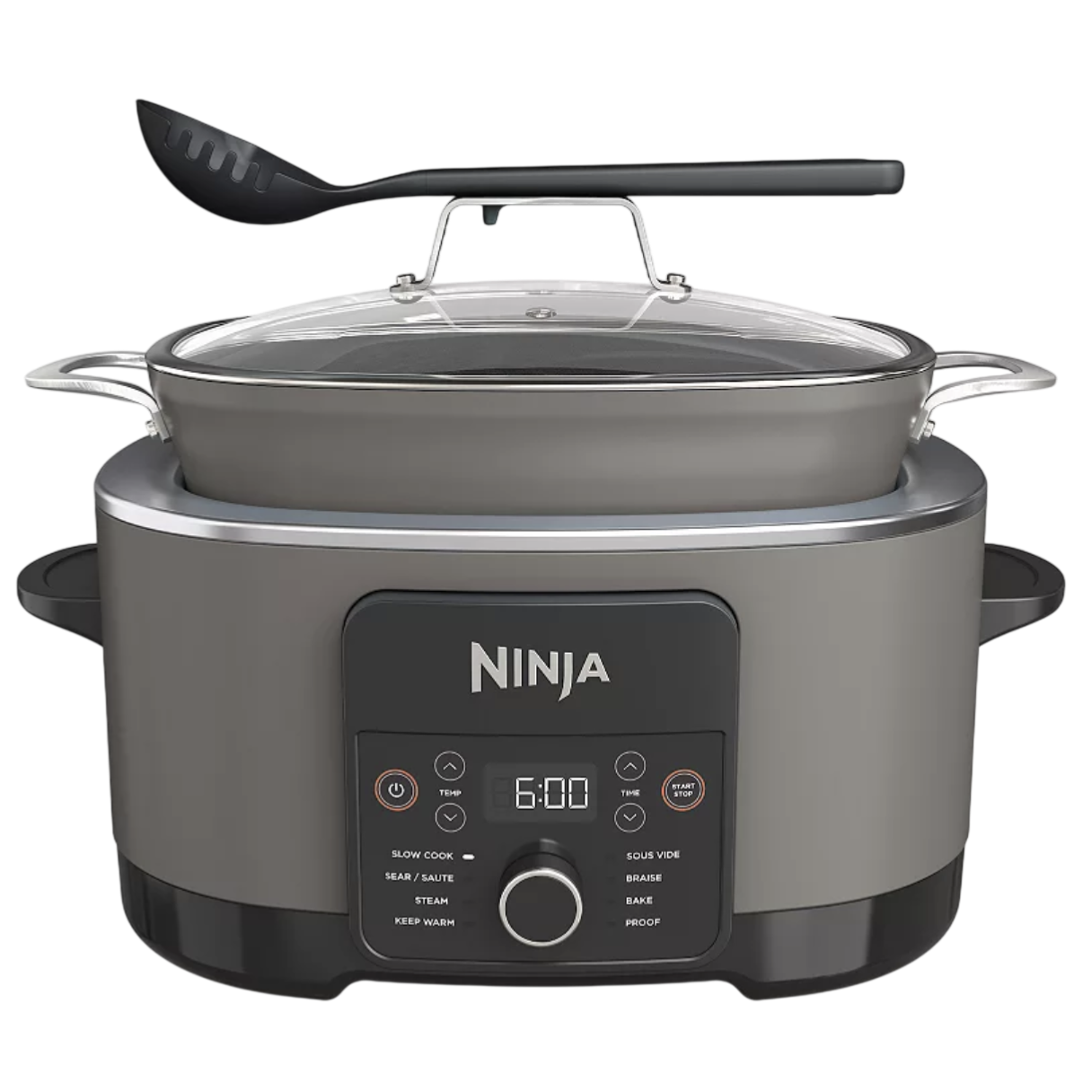 Ninja cooking appliance featuring a digital display and functions including slow cook, sear/sauté, steam, keep warm, sous vide, braise, bake, and proof, with a glass lid and serving ladle.