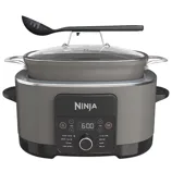 Ninja cooking appliance featuring a digital display and functions including slow cook, sear/sauté, steam, keep warm, sous vide, braise, bake, and proof, with a glass lid and serving ladle.
