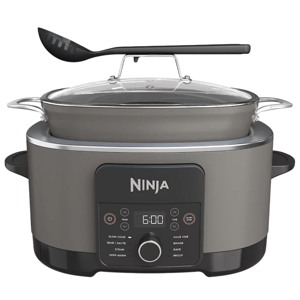 Ninja cooking appliance featuring a digital display and functions including slow cook, sear/sauté, steam, keep warm, sous vide, braise, bake, and proof, with a glass lid and serving ladle.