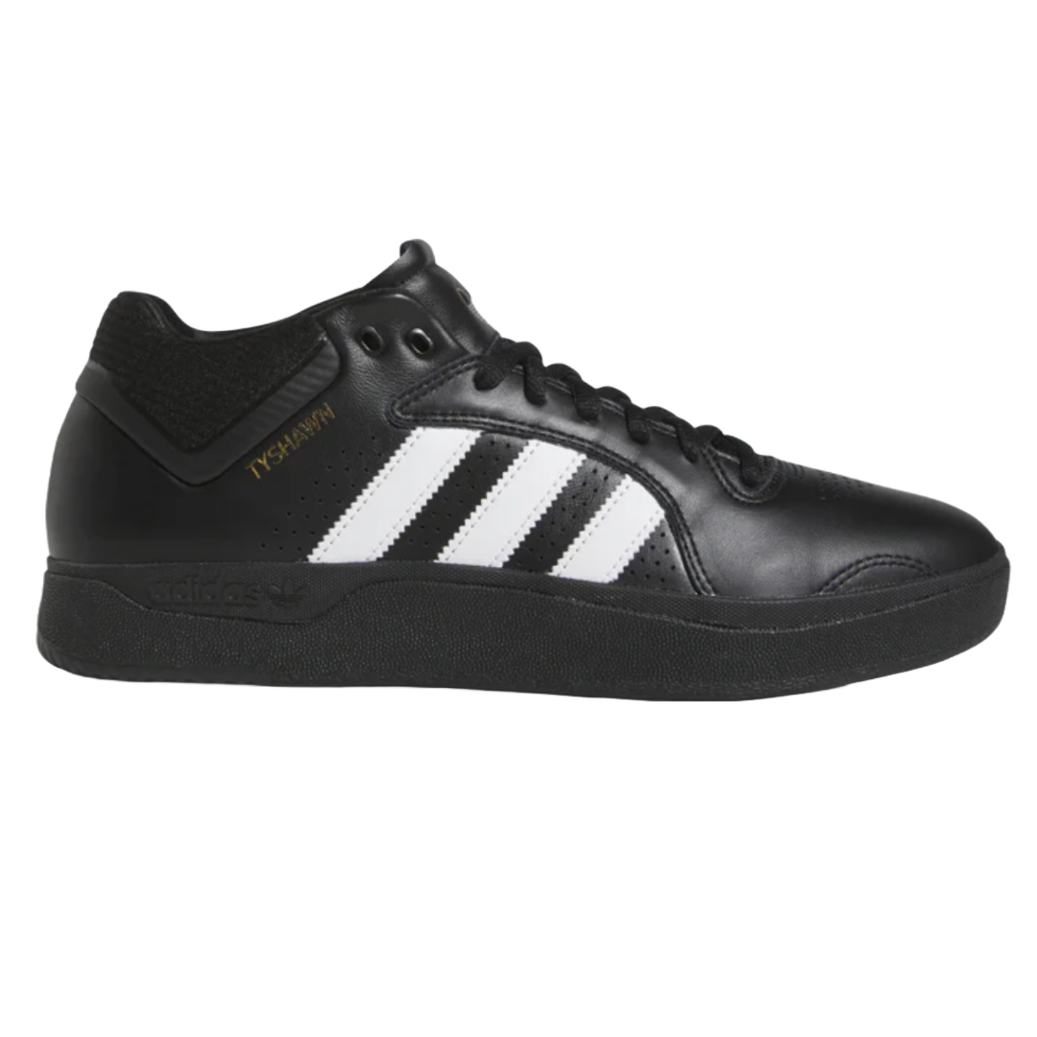 Black mid-top sneakers with Adidas' signature three white stripes, featuring a leather upper, black sole, and \“TYSHAWN\“ in gold lettering on the side.