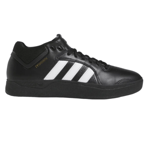 Black mid-top sneakers with Adidas' signature three white stripes, featuring a leather upper, black sole, and \“TYSHAWN\“ in gold lettering on the side.