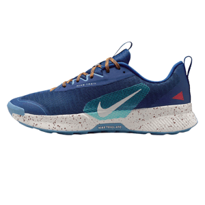 The Nike Juniper Trail 3 Shoes are blue with orange laces and feature a speckled white midsole. They have a distinct turquoise grid design with a white Nike swoosh on the side and additional branding elements for trail running.