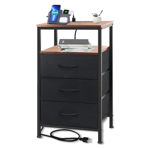 A nightstand with three drawers and a top shelf that includes a built-in charging station with a power strip and USB ports. The stand has a black metal frame with wood-finished top and shelves.