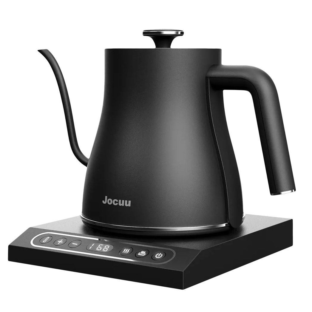 27oz Gooseneck Electric Kettle with a sleek black design, featuring a precision spout, ergonomic handle, and digital base controls for temperature settings.