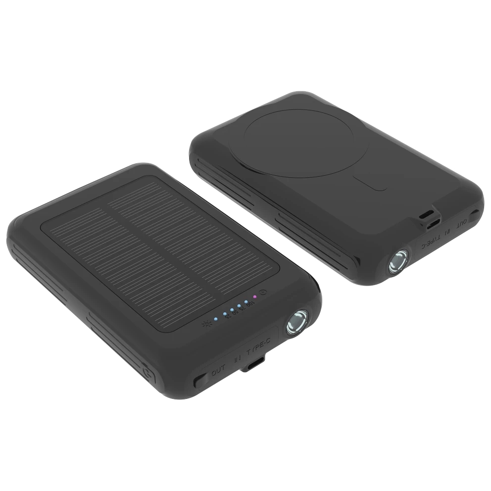 The Brookstone Solar Power Bank features a solar panel for charging, LED indicators, and a flashlight. It includes USB and Type-C ports for output, making it suitable for outdoor use and versatile charging needs.