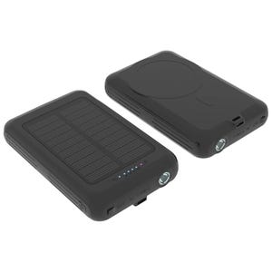 The Brookstone Solar Power Bank features a solar panel for charging, LED indicators, and a flashlight. It includes USB and Type-C ports for output, making it suitable for outdoor use and versatile charging needs.