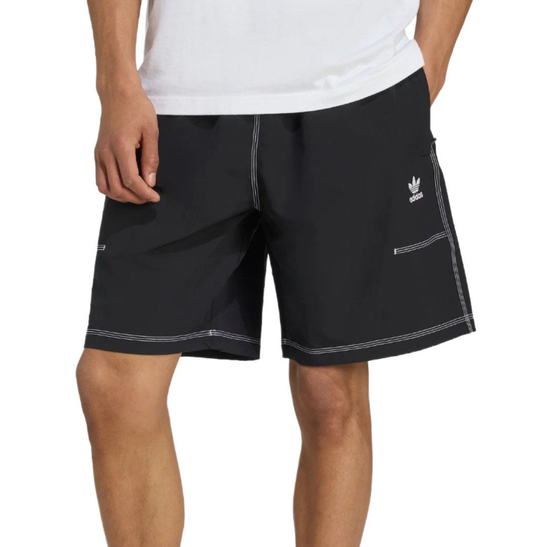 Black shorts with white stitching and an adidas logo on the right side.