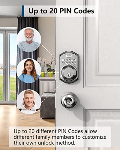Smart door lock with keypad, allowing up to 20 customizable PIN codes for individual family members, enhancing personalized access.