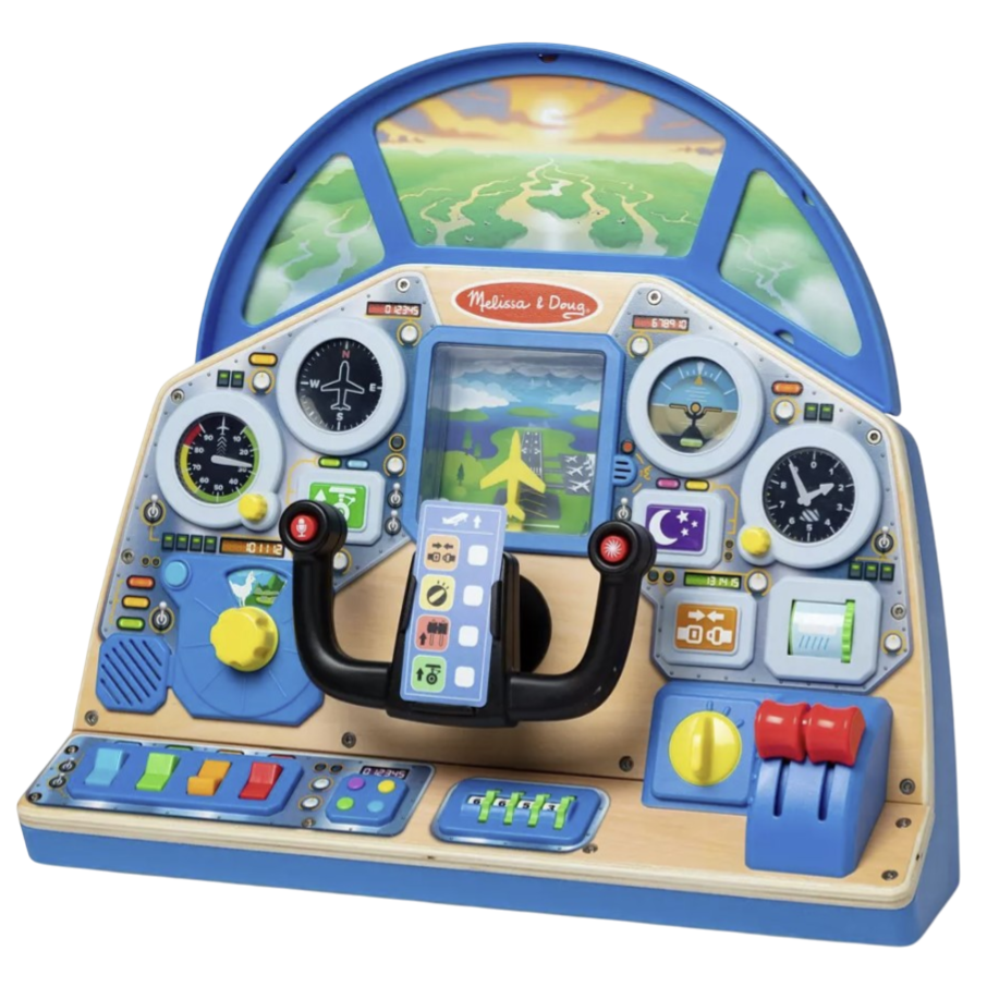 Child's wooden airplane cockpit playset with interactive controls, gauges, and a central screen for imaginative play.