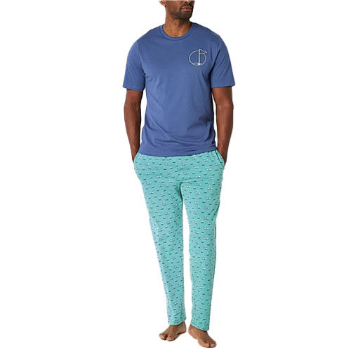 Men's pajama set featuring a blue short-sleeve t-shirt with a small chest graphic and light green pants with a pattern, designed for comfort and relaxation.